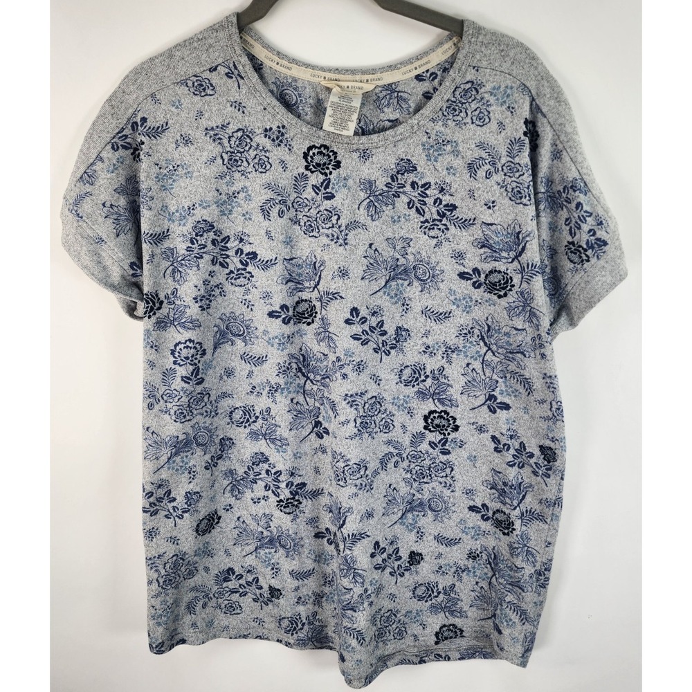 Lucky Brand Floral Top Women's S Stretch Boho Heathered Gray Navy